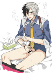 Rule 34 | 1boy, censored, cum, erection, looking at viewer, ludger will kresnik, male focus, masturbation, multicolored hair, penis, tagme, tales of (series), tales of xillia, tales of xillia 2, tissue