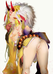 Rule 34 | 1girl, anus, aonokitune, ass, bad anatomy, bare shoulders, blonde hair, blush, breasts, censored, claws, earrings, fate/grand order, fate (series), female focus, highres, horns, ibaraki douji (fate), japanese clothes, jewelry, kimono, long hair, looking at viewer, nipples, off shoulder, oni, oni horns, open mouth, pussy, short kimono, simple background, small breasts, solo, standing, wide sleeves, yellow eyes, yellow kimono