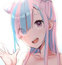 Rule 34 | 1girl, :d, backlighting, blue hair, collarbone, hair over one eye, hand up, head tilt, highres, long hair, mappaninatta, multicolored hair, open mouth, original, pink hair, purple eyes, simple background, smile, solo, teeth, two-tone hair, upper body, upper teeth only, white background