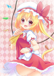 Rule 34 | 1girl, argyle, argyle background, argyle clothes, ascot, bad id, bad pixiv id, blonde hair, blush, bow, fang, flandre scarlet, hakuto (28syuku), hat, hat bow, mob cap, red eyes, solo, thighs, touhou, wings