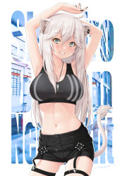 Rule 34 | 1girl, absurdres, animal ears, armpits, arms behind head, arms up, bare shoulders, black shorts, black sports bra, blush, breasts, collarbone, dog tags, ear piercing, grey eyes, grin, highres, hololive, jewelry, kazuma muramasa, large breasts, lion ears, lion girl, lion tail, long hair, looking at viewer, necklace, piercing, shishiro botan, shishiro botan (button-down), shorts, smile, solo, sports bra, tail, thighs, virtual youtuber, white hair