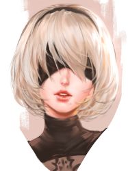 Rule 34 | 1girl, black blindfold, blindfold, bob cut, covered eyes, dopey (dopq), facing viewer, highres, lips, nier (series), nier:automata, parted lips, portrait, red lips, simple background, solo, teeth, turtleneck, white background, white hair, 2b (nier:automata)