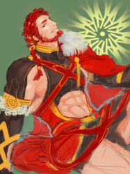 Rule 34 | 1boy, abs cutout, alexander (fate), alexander (fate) (cosplay), alternate hair length, alternate hairstyle, bara, beard, cosplay, elbow gloves, facial hair, fate/grand order, fate (series), feet out of frame, gloves, greek macedonian flag, head tilt, highres, iskandar (fate), large pectorals, looking at viewer, male focus, mature male, muscular, muscular male, pectorals, red eyes, red hair, shababuru, short hair, sidepec, simple background, sitting, smile, solo, thighs, unfinished