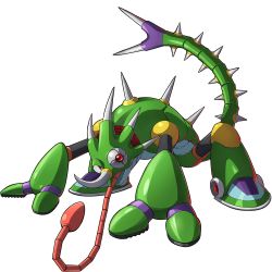boss, chameleon, full body, highres, horns, hunched over, mega man (series), mega man x1, mega man x (series), official art, one-eyed, orb, red eyes, robot, mega man x dive, single horn, spiked tail, spikes, sting chameleon (mega man), tail, tongue, tongue out