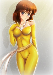 Rule 34 | 1girl, absurdres, bare shoulders, blue eyes, blush, bodysuit, breasts, brown hair, castle of cagliostro, clarisse de cagliostro, collarbone, covered navel, cowboy shot, grey background, hair between eyes, highres, jewelry, long hair, lupin iii, medium breasts, necklace, off shoulder, open mouth, sawwei005, skin tight, solo, standing, yellow bodysuit
