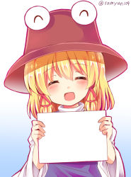 Rule 34 | 1girl, ^ ^, blonde hair, blue background, blush, brown hat, closed eyes, facing viewer, gradient background, hair between eyes, hat, holding, holding paper, moriya suwako, open mouth, paper, purple vest, ramudia (lamyun), short hair, sidelocks, smile, solo, template, touhou, twitter username, two-tone background, upper body, vest, white background, wide sleeves