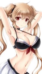 Rule 34 | 1girl, ahoge, alternate costume, amou yuu, armpits, arms behind head, bikini, black ribbon, blush, breasts, brown eyes, brown hair, cleavage, collarbone, groin, hair between eyes, hair ribbon, kantai collection, large breasts, light brown hair, light smile, long hair, looking at viewer, murasame (kancolle), navel, ribbon, sidelocks, simple background, smile, solo, stomach, swimsuit, twintails, white background
