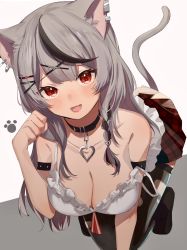 Rule 34 | 1girl, 852 box, absurdres, animal ear fluff, animal ears, black hair, blush, braid, breasts, cat ears, cleavage, collar, ear piercing, fang, grey hair, hair ornament, highres, hololive, large breasts, looking at viewer, multicolored hair, open mouth, piercing, plaid, red eyes, sakamata chloe, skin fang, smile, solo, streaked hair, tail, thighhighs, torn clothes, torn thighhighs, virtual youtuber, x hair ornament
