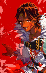 Rule 34 | 1boy, blood, blood on clothes, blood on face, brown eyes, brown hair, circlet, dark-skinned male, dark skin, feather trim, fire emblem, fire emblem engage, fogado (fire emblem), highres, jewelry, looking at viewer, male focus, necklace, nintendo, open mouth, red background, short hair, solo, yachimata 1205
