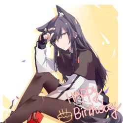 Rule 34 | animal ears, arknights, black capelet, black hair, black pantyhose, black shorts, capelet, chinese commentary, closed mouth, commentary request, confetti, ear piercing, food, hibioes, jacket, long hair, pantyhose, piercing, pocky, shorts, solo, tail, texas (arknights), white jacket, wolf ears, wolf girl, wolf tail, yellow eyes