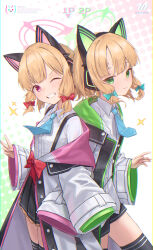 Rule 34 | 2girls, ;d, absurdres, animal ear headphones, animal ears, aqua necktie, arm hug, black skirt, black thighhighs, blonde hair, blue archive, blush, bow, cat ears, fake animal ears, green eyes, grin, hair bow, halo, headphones, highres, jacket, jacket partially removed, light smile, logo, looking at viewer, mansu (user pnmp4287), midori (blue archive), miniskirt, momoi (blue archive), multiple girls, necktie, one eye closed, open mouth, red eyes, school uniform, shirt, siblings, sisters, skirt, smile, sparkle, thighhighs, twins, two-sided fabric, two-sided jacket, v, white shirt, zettai ryouiki
