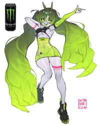 Rule 34 | 1girl, absurdres, bare shoulders, can, collarbone, colored skin, energy drink, green eyes, hat, highres, horns, knifecat, living hair, long hair, looking at viewer, midriff, monster energy, navel, original, shoes, single thighhigh, skirt, smile, solo, thighhighs, very long hair, white background