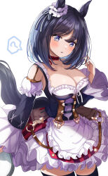 Rule 34 | 1girl, ?, animal ears, bare shoulders, black dress, black hair, black thighhighs, blue eyes, blush, breasts, cleavage, commentary, cowboy shot, detached sleeves, dress, ear ornament, eishin flash (umamusume), frilled dress, frills, hanamura pink, highres, horse ears, horse girl, horse tail, long sleeves, looking at viewer, medium breasts, parted lips, simple background, sleeveless, sleeveless dress, solo, spoken question mark, tail, thighhighs, thighs, umamusume, white background, zettai ryouiki