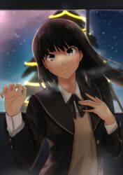 Rule 34 | 1girl, amagami, ayatsuji tsukasa, black bow, black bowtie, black eyes, black hair, black jacket, blunt bangs, blurry, blurry background, bow, bowtie, breath, brown sweater vest, christmas tree, closed mouth, commentary, depth of field, dress shirt, garland (decoration), hand on own chest, hands up, head tilt, highres, indoors, jacket, kibito high school uniform, long hair, looking at viewer, night, open clothes, open jacket, pine tree, school uniform, shirt, sky, smile, solo, star (sky), starry sky, sweater vest, tree, upper body, white shirt, window, yoo tenchi