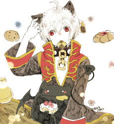 Rule 34 | 1boy, ahoge, animal ears, brown coat, cake, cat ears, chain, checkerboard cookie, closed mouth, coat, commentary request, cookie, demon, deviruchi, eating, food, long sleeves, looking to the side, male focus, multicolored coat, open clothes, open coat, priest (ragnarok online), ragnarok online, red coat, red eyes, short hair, simple background, tokio (okt0w0), two-tone coat, upper body, white background, white hair