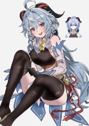 Rule 34 | 1girl, absurdres, ahoge, artist name, bell, black gloves, black thighhighs, blue hair, bodystocking, breasts, chinese knot, cowbell, detached sleeves, feet out of frame, ganyu (genshin impact), genshin impact, gloves, goat horns, grey background, highres, horns, knees up, long hair, looking to the side, low ponytail, medium breasts, neck bell, ohw8g, open mouth, purple eyes, sidelocks, sitting, solo, teeth, thighhighs, thighhighs pull, thighs, upper teeth only, white sleeves