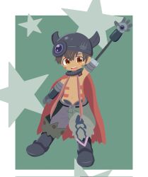 Rule 34 | 1boy, android, armpits, border, brown eyes, brown hair, cape, collar, commentary, damaged, facial mark, facial tattoo, fake horns, full body, green background, green shorts, hair between eyes, hand up, helmet, highres, horned helmet, horns, ken jog, looking at viewer, made in abyss, male focus, mechanical arms, mechanical legs, metal collar, multicolored clothes, multicolored shorts, navel, open hand, open mouth, pants, purple shorts, red cape, regu (made in abyss), robot, shorts, simple background, slit pupils, solo, star (symbol), stretched limb, tattoo, teeth, topless male, two-tone background, two-tone pants, upper teeth only, waving, waving arm, white border