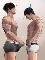 Rule 34 | 2boys, absurdres, bara, black hair, bulge, crotch, facial hair, highres, looking at penis, male focus, multiple boys, muscular, pectorals, peero, penis awe, penis envy, piercing, presenting, size difference, standing, sweat, topless male, underwear, yaoi