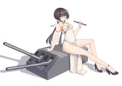 Rule 34 | 1girl, absurdres, black footwear, black hair, breasts, cannon, china dress, chinese clothes, cleavage cutout, clothing cutout, dress, glasses, green eyes, high heels, highres, holding, holding torpedo, ironmarch, long hair, low twintails, pelvic curtain, side slit, sitting, sleeveless, sleeveless dress, small breasts, solo, torpedo, turret, twintails, warship girls r, white dress