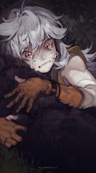 Rule 34 | 1boy, bandaged arm, bandages, bishounen, clenched teeth, crying, crying with eyes open, genshin impact, gloves, grey hair, highres, hood, hoodie, long hair, male focus, orange gloves, razor (genshin impact), red eyes, saiprin, scar, scar on face, solo, tears, teeth, wolf