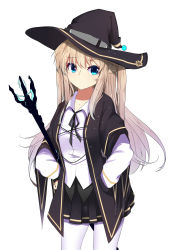 Rule 34 | 1girl, black coat, black hat, black skirt, blonde hair, blue eyes, coat, commentary, cowboy shot, hands on own hips, hat, highres, holding, holding staff, holding wand, long hair, long sleeves, looking at viewer, original, pantyhose, pleated skirt, shirt, sidelocks, simple background, skirt, sleeve cuffs, solo, staff, symbol-only commentary, two side up, wand, weapon, white background, white pantyhose, white shirt, witch hat, zzb