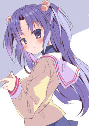 Rule 34 | 1girl, blazer, blue eyes, blue hair, blush, clannad, closed mouth, commentary request, from side, grey background, hair bobbles, hair ornament, hand up, highres, hikarizaka private high school uniform, ichinose kotomi, jacket, light smile, long hair, long sleeves, looking at viewer, parted bangs, sailor collar, school uniform, simple background, sleeves past wrists, solo, two-tone background, two side up, upper body, very long hair, white background, white sailor collar, yellow jacket, yukichi (nyarome-busters)