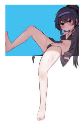 Rule 34 | 1girl, absurdres, bare legs, barefoot, bikini, black bikini, black hair, blue archive, blush, breasts, cardigan, closed mouth, commentary, english commentary, full body, grey cardigan, hairband, highres, jewelry, long hair, long sleeves, miaoema, mixed-language commentary, navel, official alternate costume, open cardigan, open clothes, pendant, purple eyes, purple hairband, small breasts, solo, swimsuit, ui (blue archive), ui (swimsuit) (blue archive)