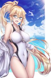 Rule 34 | 1girl, black-framed eyewear, blonde hair, blue eyes, blue sky, cloud, commentary request, competition swimsuit, covered navel, cowboy shot, day, fate/grand order, fate (series), glasses, highres, jacket, jeanne d&#039;arc (fate), jeanne d&#039;arc (ruler) (fate), jeanne d&#039;arc (swimsuit archer) (fate), jeanne d&#039;arc (swimsuit archer) (second ascension) (fate), light rays, long hair, one-piece swimsuit, outdoors, ponytail, sky, solo, sun, sunbeam, sunlight, swimsuit, user ramf2222, whistle, whistle around neck, white jacket, white one-piece swimsuit