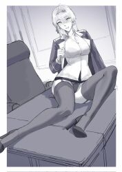 Rule 34 | 1girl, ahoge, arm support, black bra, blush, bra, bra visible through clothes, breasts, chair, commentary, dangodes, desk, earrings, english commentary, garter straps, greyscale, hair between eyes, hair intakes, high heels, highres, indoors, jacket, jewelry, lace, lace-trimmed panties, lace trim, large breasts, legs, long hair, long sleeves, looking at viewer, miniskirt, mole, mole under mouth, monochrome, open clothes, original, outside border, panties, shirt, shoes, sitting, sketch, skirt, smile, solo, thighhighs, thighs, underwear, uniform, white footwear, white shirt, window