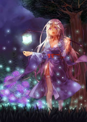 Rule 34 | 1girl, blurry, bow, braid, breasts, cleavage, collarbone, depth of field, fireflies, flower, full body, hair bow, highres, japanese clothes, kimono, lamp, long hair, long sleeves, looking away, mister rhino (wangzisama1001), night, obi, open mouth, original, parted bangs, purple eyes, red bow, sash, side braid, side slit, silver hair, small breasts, solo, standing, thighhighs, tree, very long hair, white thighhighs, wide sleeves