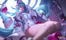 Rule 34 | 1girl, aqua hair, arena of valor, blood, blue hair, broken glass, character request, clothing request, commentary, commentary request, copyright name, crack, glass, glass shards, glasses, hat, highres, intravenous drip, long hair, needle, pill, pink blood, pointy ears, purple eyes, syringe, tagme, y xun