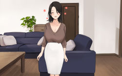 Rule 34 | 1girl, akito (d30n26), arms at sides, black hair, blush, breasts, cleavage, couch, cushion, door, closed eyes, feet out of frame, female focus, happy, high-waist skirt, highres, indoors, large breasts, light blush, medium hair, open mouth, original, plant, skirt, smile, solo, standing, table, wall, wooden floor