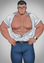 Rule 34 | 1boy, abs, bara, bare pectorals, beard, collared shirt, come hither, dark-skinned male, dark skin, denim, facial hair, feet out of frame, glasses, hands on own hips, jeans, jewelry, large pectorals, male focus, mature male, muscular, muscular male, nipples, open clothes, open shirt, original, otototo, paid reward available, pants, pectorals, raised eyebrow, ring, salaryman, seductive smile, shirt, shirt tucked in, short hair, smile, solo, sparse chest hair, standing, thick eyebrows, thick thighs, thighs, wedding ring