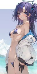 Rule 34 | 1girl, arms at sides, bare shoulders, bikini, blue archive, blue eyes, blush, breasts, gloves, halo, harenchi, highres, jacket, jacket partially removed, long hair, looking at viewer, micro bikini, navel, outside border, parted bangs, parted lips, purple eyes, purple hair, small breasts, solo, string bikini, swimsuit, two side up, yuuka (blue archive)