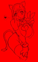 Rule 34 | 1girl, :d, animal ears, animal hands, bare shoulders, bell, blush, breasts, cat ears, cat tail, claws, cleavage, cleavage cutout, clothing cutout, collar, curvy, elbow gloves, fake animal ears, gloves, hairband, heart, heart cutout, highleg, highleg leotard, huge breasts, jingle bell, koutarou, leotard, looking at viewer, monochrome, neck bell, open mouth, original, red theme, short hair, simple background, sketch, smile, solo, speech bubble, spoken heart, swept bangs, tail, thighhighs, v