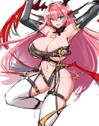 Rule 34 | 1girl, armpits, bare shoulders, black gloves, blue eyes, breasts, character request, dungeon and fighter, elbow gloves, gloves, large breasts, long hair, looking at viewer, open mouth, pink hair, sketch, smile, snowball22, solo, thigh strap, thighhighs, thighs