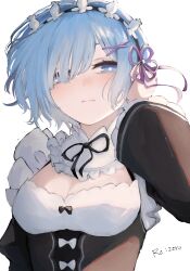 1girl absurdres adjusting_hair black_dress blue_eyes blue_hair blush breasts cleavage cleavage_cutout closed_mouth clothing_cutout dress frilled_sleeves frills hair_ornament hair_over_one_eye hand_up highres long_sleeves looking_at_viewer maid maid_headdress medium_breasts re:zero_kara_hajimeru_isekai_seikatsu rem_(re:zero) roswaal_mansion_maid_uniform short_hair simple_background solo suzukano_pon upper_body white_background x_hair_ornament