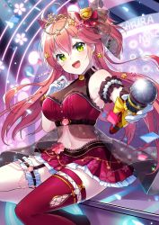 Rule 34 | 1girl, absurdres, ahoge, bare shoulders, bell, breasts, bridal garter, character name, cherry blossom print, cleavage, dyx217, earrings, floral print, gloves, green eyes, hair bell, hair ornament, hairclip, highres, holding, holding microphone, hololive, jewelry, long hair, looking at viewer, microphone, midriff, miniskirt, navel, open mouth, pink hair, pink thighhighs, ring, sakura miko, see-through, see-through cleavage, single thighhigh, skirt, solo, star (symbol), star print, teeth, thighhighs, tongue, upper teeth only, virtual youtuber, white gloves