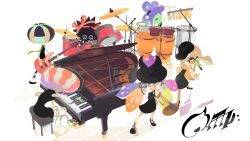 6+girls absurdres black_hat blonde_hair bongo_drums brown_hair cymbals domino_mask drum drum_set guitar hat highres holding holding_guitar holding_instrument holding_kazoo holding_trumpet inoue_seita instrument karen_(splatoon) kitamura_(splatoon) mask maya_(splatoon) multiple_girls music nautilus_(animal) necktie nintendo official_art oonie_(splatoon) orange_hair piano pink_hair playing_drum playing_instrument purple_hair red_ribbon reflection ribbon sitting splatoon_(series) splatoon_2 standing trumpet white_background wide_shot wind_chime yellow_necktie yoko_(splatoon) zuzu_(splatoon)