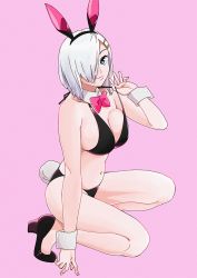 Rule 34 | 1girl, animal ears, bad id, bad twitter id, bikini, black bikini, black footwear, blue eyes, bow, bowtie, breasts, bunny girl, cleavage, detached collar, fake animal ears, film grain, full body, hair ornament, hair over one eye, hairclip, hamakaze (kancolle), high heels, kantai collection, large breasts, looking at viewer, navel, ojipon, pink background, pink bow, pink bowtie, pumps, rabbit ears, rabbit tail, short hair, silver hair, simple background, solo, squatting, swimsuit, tail, wrist cuffs
