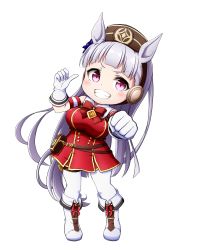 Rule 34 | 1girl, animal ears, bare shoulders, blush, boots, bow, breasts, brown headwear, chibi, dress, ear covers, elbow gloves, flower, full body, gloves, gold ship (umamusume), grey hair, grin, hair flower, hair ornament, highres, horse ears, horse girl, horse tail, knee boots, kuena, large breasts, leaning to the side, long hair, pantyhose, purple eyes, purple flower, red bow, red dress, simple background, sleeveless, sleeveless dress, smile, solo, standing, tail, umamusume, v-shaped eyebrows, very long hair, white background, white footwear, white gloves, white pantyhose