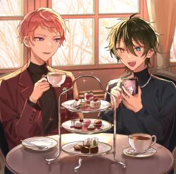 Rule 34 | 2boys, absurdres, aqua eyes, black shirt, commentary request, cup, curtains, dessert, ensemble stars!, food, green hair, hair between eyes, heterochromia, highres, holding, holding cup, holding phone, itsuki shu, jewelry, kagehira mika, lapels, long sleeves, male focus, multiple boys, necklace, open mouth, phone, pink hair, plate, purple eyes, shirt, short hair, spoon, teeth, turtleneck, upper teeth only, valkyrie (ensemble stars!), wednesday 108, window, yellow eyes
