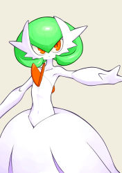 Rule 34 | 1girl, arm up, armpits, artist request, beige background, collarbone, covered navel, creatures (company), game freak, gardevoir, gen 3 pokemon, green hair, highres, looking to the side, mega gardevoir, mega pokemon, navel, nintendo, outstretched arm, pokemon, pokemon (creature), pokemon rse, red eyes, short hair, simple background, solo, standing