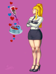 Rule 34 | 1girl, 2022, asymmetrical hair, black footwear, black gloves, black skirt, blonde hair, blue eyes, blunt bangs, breasts, cake, candle, crossed arms, dress shirt, english text, eyebrows, flower, food, gloves, heart, high heels, highres, kolin, necktie, office lady, pencil skirt, pink background, rose, shirt, side ponytail, skirt, solo, standing, street fighter, street fighter v, sweatdrop, thick thighs, thighs, white shirt, xxx1320
