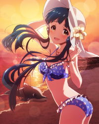 Rule 34 | 10s, 1girl, artist request, beach, bikini, blue hair, blush, bracelet, breasts, cleavage, frilled bikini, frills, front-tie top, hat, idolmaster, idolmaster million live!, jewelry, kitakami reika, lens flare, long hair, looking at viewer, musical note, necklace, official art, open mouth, purple bikini, solo, strap gap, sunset, swimsuit, yellow eyes