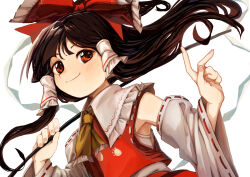 Rule 34 | 1girl, absurdres, armpits, bow, brown eyes, brown hair, detached sleeves, dutch angle, hair bow, hakurei reimu, highres, jacket, large bow, matsukuzu, nontraditional miko, red bow, red jacket, red skirt, shirt, skirt, sleeveless, sleeveless jacket, smile, solo, touhou, white background, white shirt, white sleeves