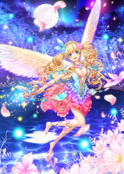Rule 34 | 1girl, :d, bare shoulders, barefoot, blonde hair, blue eyes, breasts, catbell, center opening, cleavage, dress, feathered wings, flower, forest, hairband, highres, jewelry, long hair, moon, nature, necklace, night, open mouth, original, outstretched arms, petals, pond, sky, smile, solo, tree, very long hair, wand, wavy hair, wavy mouth, wings