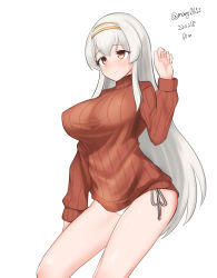 Rule 34 | 1girl, absurdres, bikini, brown eyes, cowboy shot, cropped legs, hairband, highres, kantai collection, long hair, maru (marg0613), red sweater, ribbed sweater, shoukaku (kancolle), side-tie bikini bottom, simple background, solo, sweater, swimsuit, two-tone hairband, white background, white hair