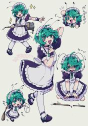 Rule 34 | 1girl, ahoge, alternate costume, antennae, apron, black dress, black footwear, blush, bobotatamu, broom, chibi, chibi inset, closed mouth, collared dress, commentary request, dress, enmaided, frilled dress, frills, full body, green eyes, green hair, hair intakes, highres, holding, holding broom, looking at viewer, maid, maid apron, maid headdress, open mouth, puffy short sleeves, puffy sleeves, shoes, short hair, short sleeves, simple background, smile, socks, sparkle, standing, touhou, walking, white apron, white socks, wriggle nightbug, wrist cuffs