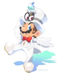 Rule 34 | 1boy, bad id, bad twitter id, blue eyes, brown hair, cappy (mario), facial hair, formal, gloves, hat, highres, hoshikuzu pan, looking at viewer, male focus, mario, mario (series), mario (tuxedo), mustache, nintendo, one eye closed, simple background, solo, suit, super mario odyssey, white gloves